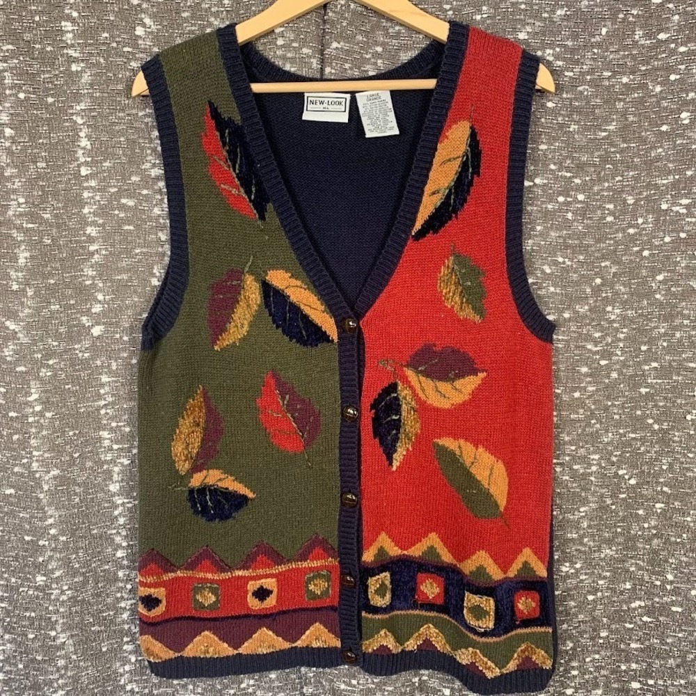Vintage‎ New Look Knit Leaves Sweater Vest Boho Cottagecore Women's Large